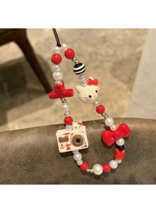 Kawaii Beaded Pearl Phone Charms Strap Cute Kitten Camera Bow Cell Phone Lanyard Wrist Strap - view 3